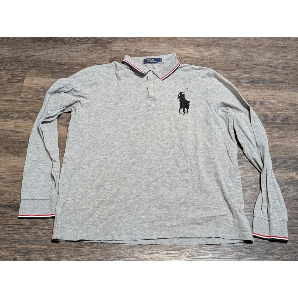 Polo Ralph Lauren Long Sleeve Big Pony Polo Shirt Gray Mens Large Striped Trim